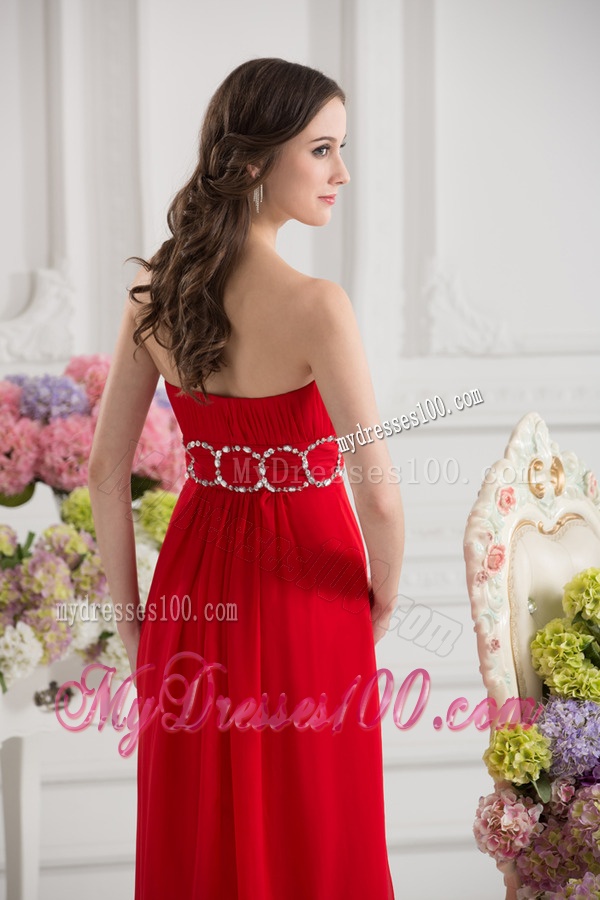Empier Strapless Chiffon Beading Ruching High Slit Red Evening Dress
