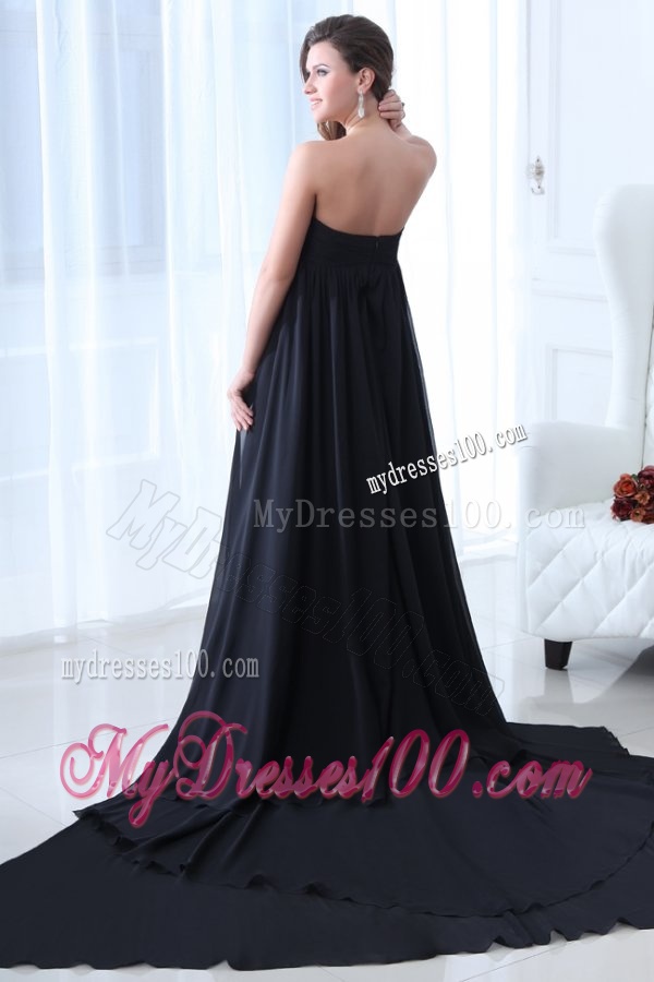 Empire Black Strapless Chapel Train Ruching Evening Dress