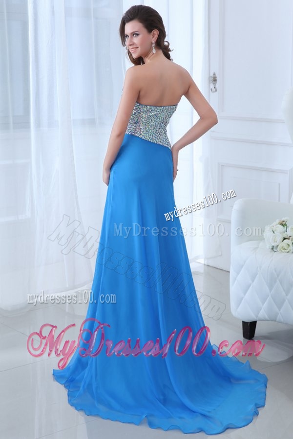 Empire Blue Sweetheart Beading High Slit Chiffon Evening Dress