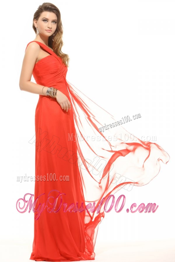 Empire Coral Red One Shoulder Ruching Chiffon Evening Dress