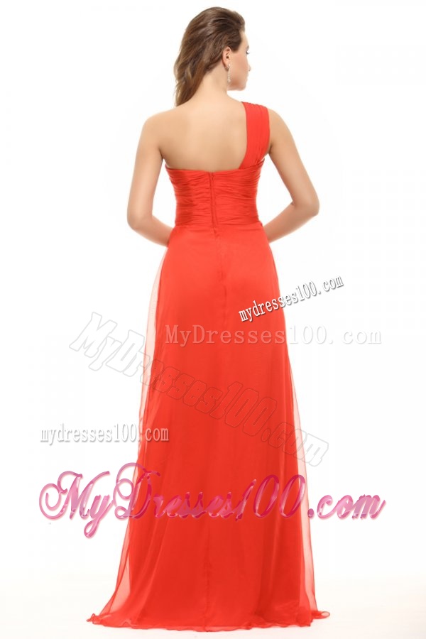 Empire Coral Red One Shoulder Ruching Chiffon Evening Dress