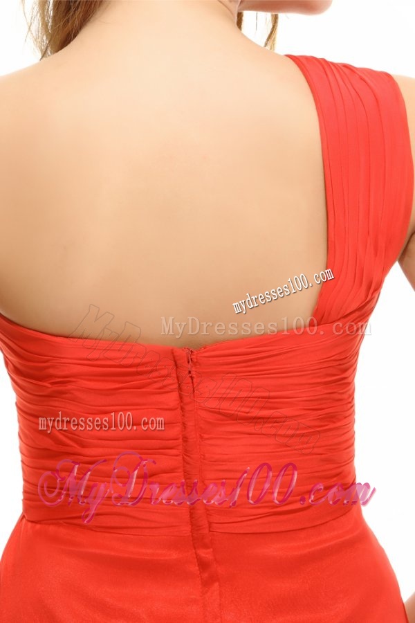 Empire Coral Red One Shoulder Ruching Chiffon Evening Dress