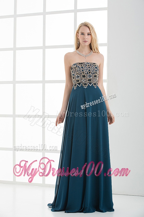 Empire Floor-length Beading Navy Blue Dress for Evening