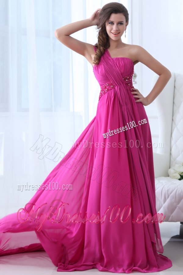 Empire Fuchsia Beading Ruching One Shoulder Evening Dress