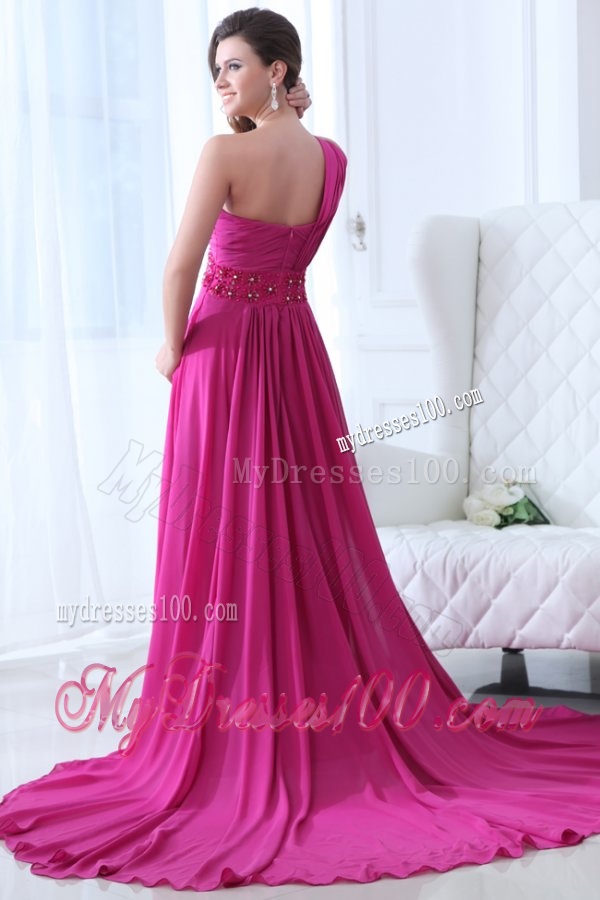 Empire Fuchsia Beading Ruching One Shoulder Evening Dress