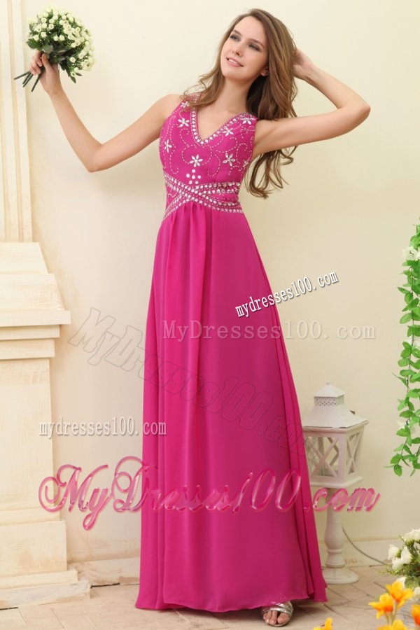 Empire Hot Pink V-neck Beading Chiffon Evening Dress