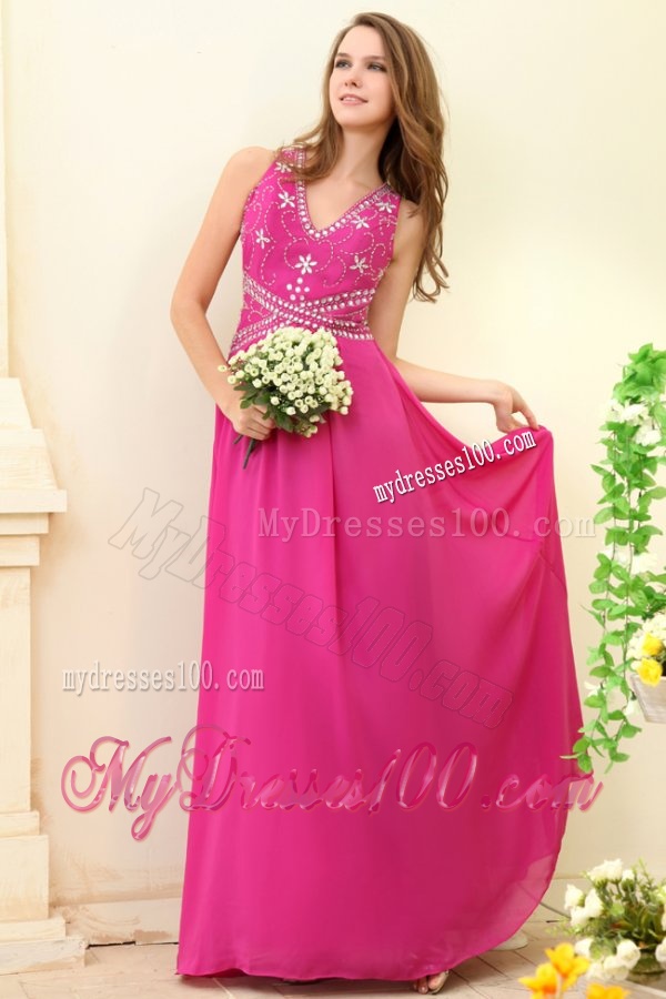 Empire Hot Pink V-neck Beading Chiffon Evening Dress