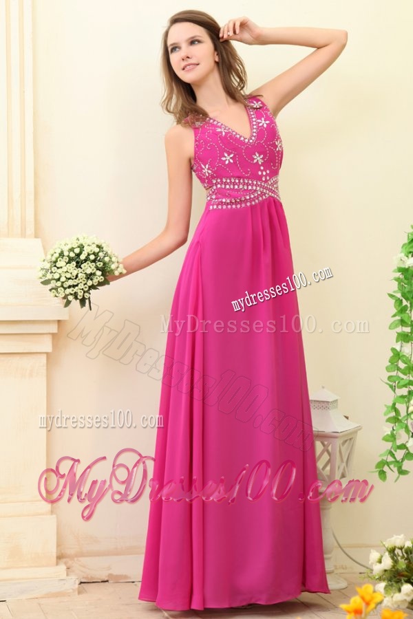Empire Hot Pink V-neck Beading Chiffon Evening Dress
