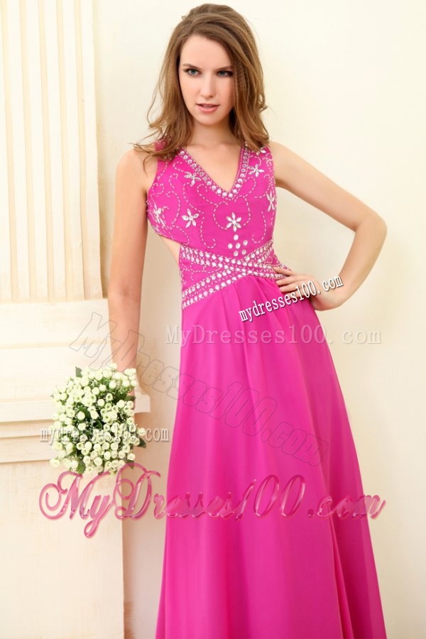 Empire Hot Pink V-neck Beading Chiffon Evening Dress