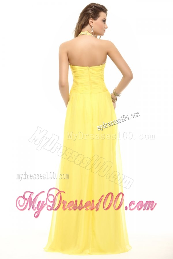 Empire Light Yellow Halter Top High Slit Beading Chiffon Evening Dress