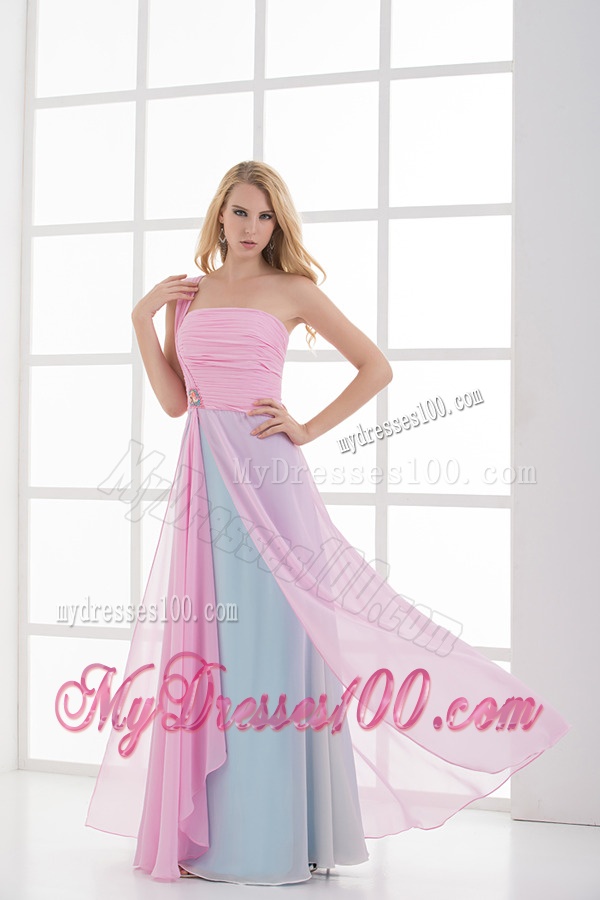 Empire One Shoulder Baby Pink and Blue Chiffon Ruching Evening Dress