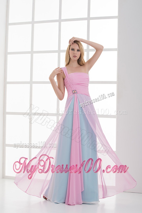 Empire One Shoulder Baby Pink and Blue Chiffon Ruching Evening Dress