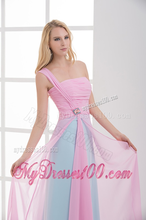 Empire One Shoulder Baby Pink and Blue Chiffon Ruching Evening Dress