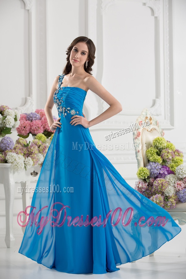 Empire One Shoulder Chiffon Appliques Ruching Dodger Blue Evening Dress