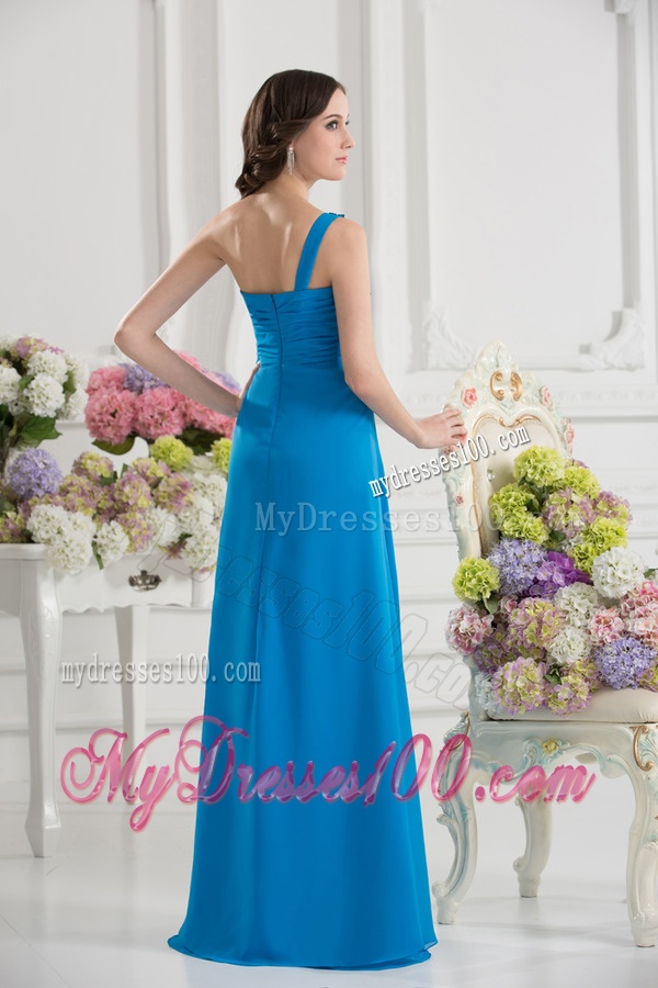 Empire One Shoulder Chiffon Appliques Ruching Dodger Blue Evening Dress