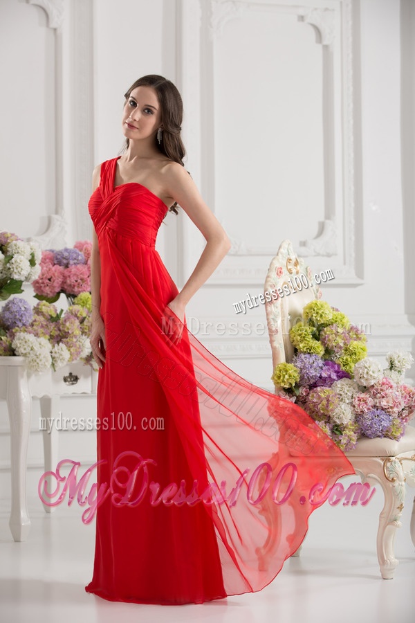 Empire One Shoulder Chiffon Ruching Floor-length Evening Dress in Red