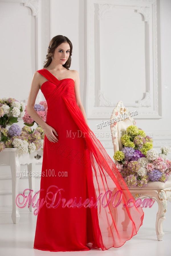 Empire One Shoulder Chiffon Ruching Floor-length Evening Dress in Red