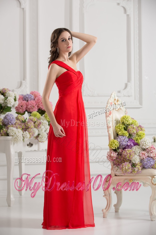 Empire One Shoulder Chiffon Ruching Floor-length Evening Dress in Red