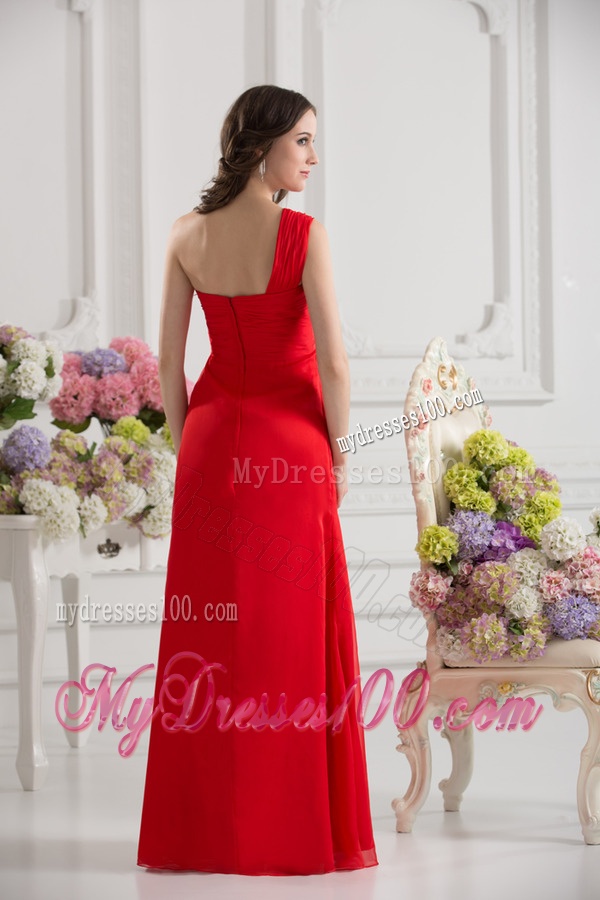 Empire One Shoulder Chiffon Ruching Floor-length Evening Dress in Red