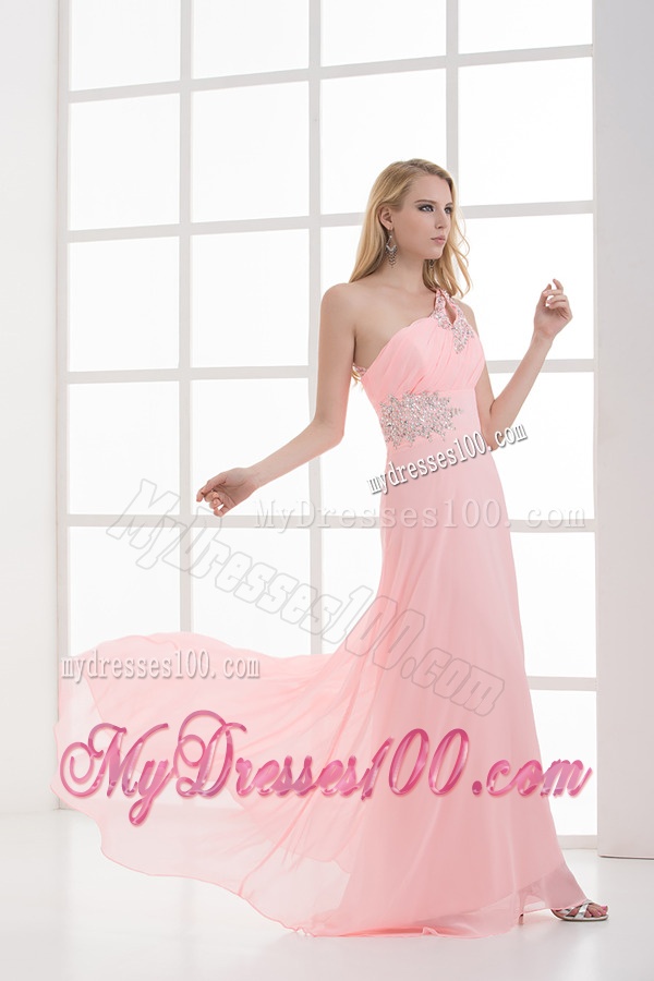 Empire One Shoulder Floor-length Chiffon Light Pink Evening Dress
