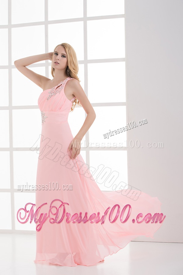Empire One Shoulder Floor-length Chiffon Light Pink Evening Dress
