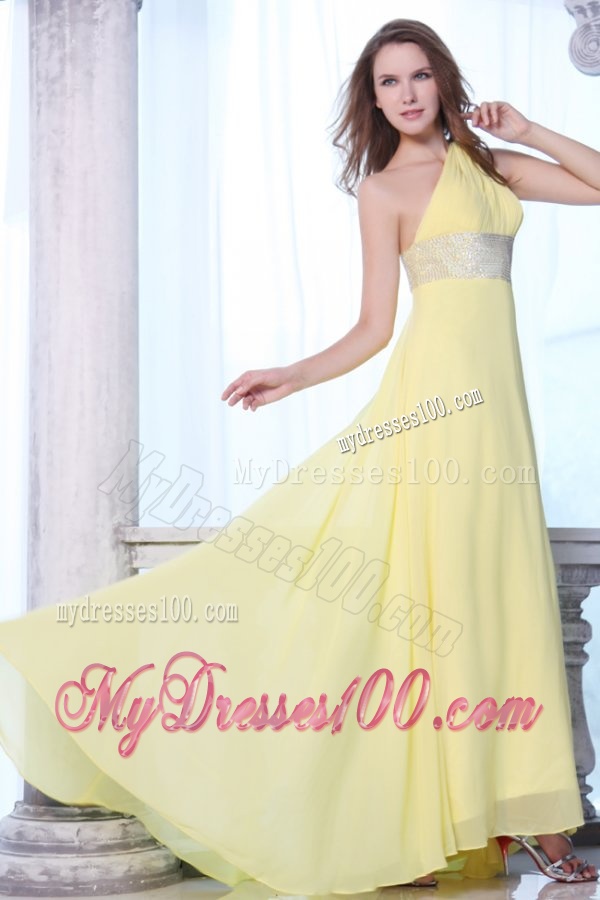 Empire One Shoulder Yellow Chiffon Beaded Decorate Waist Evening Dress