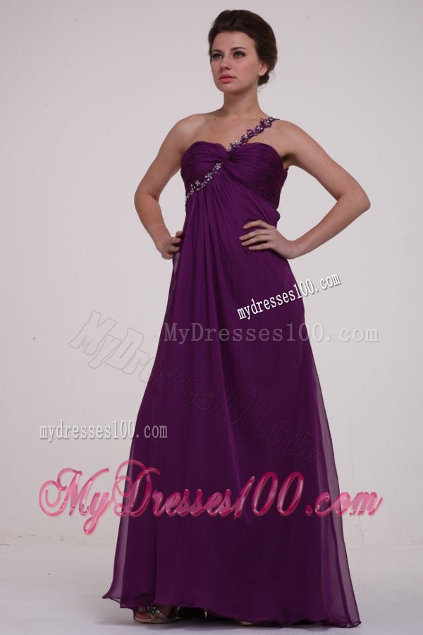 Empire Purple One Shoulder Ruching Appliques Long Evening Dress