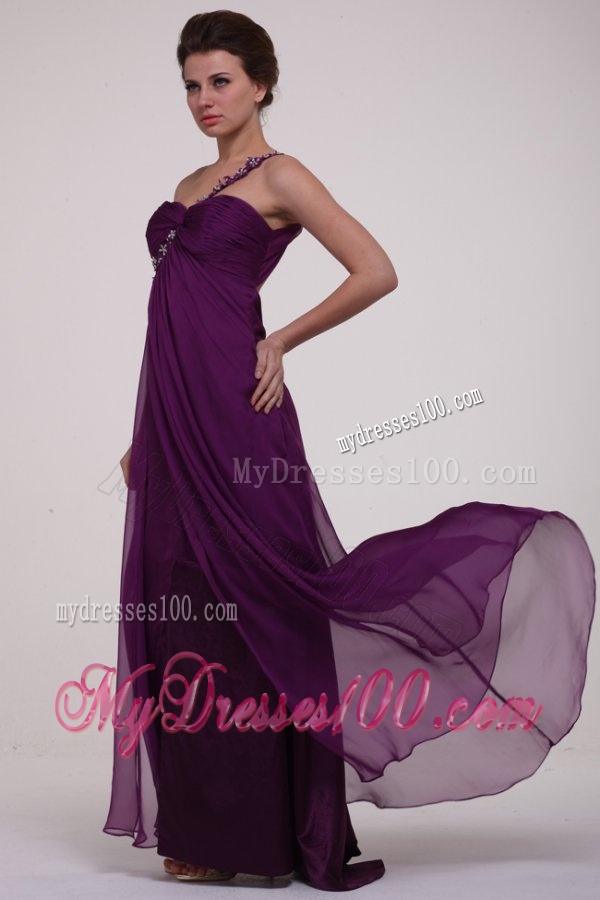 Empire Purple One Shoulder Ruching Appliques Long Evening Dress