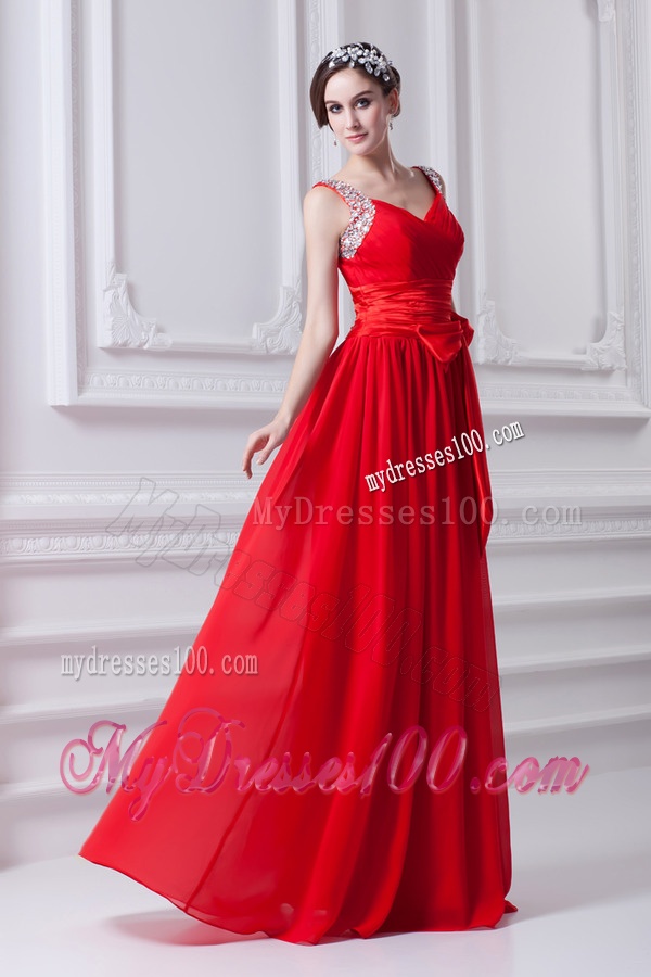 Empire Red Straps Chiffon Evening Dress with Beading and Bowknot