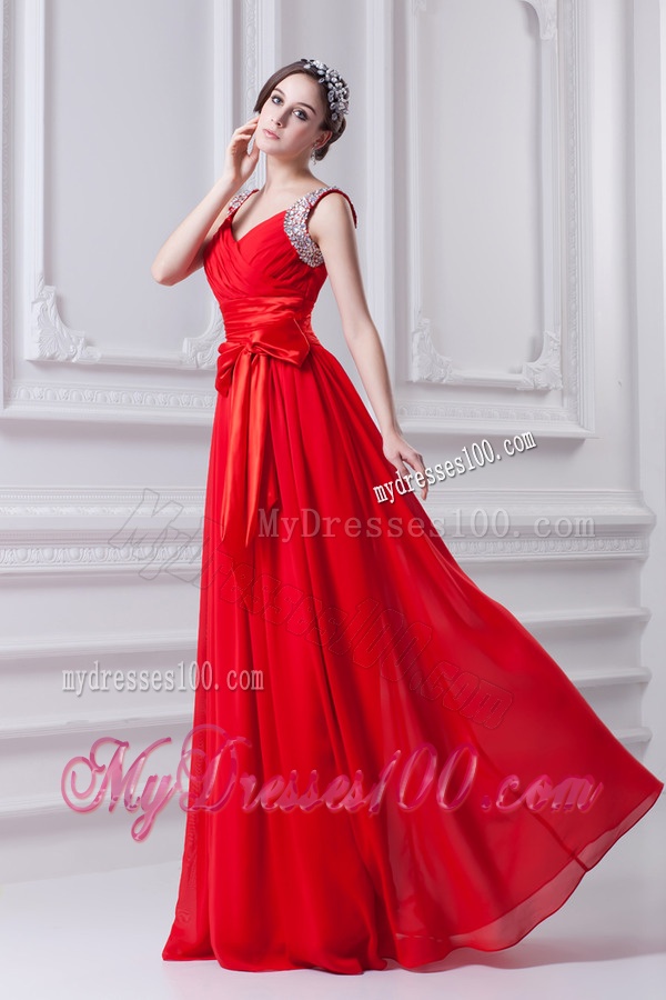 Empire Red Straps Chiffon Evening Dress with Beading and Bowknot