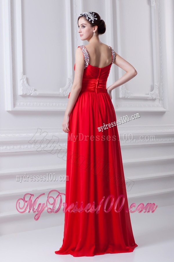 Empire Red Straps Chiffon Evening Dress with Beading and Bowknot