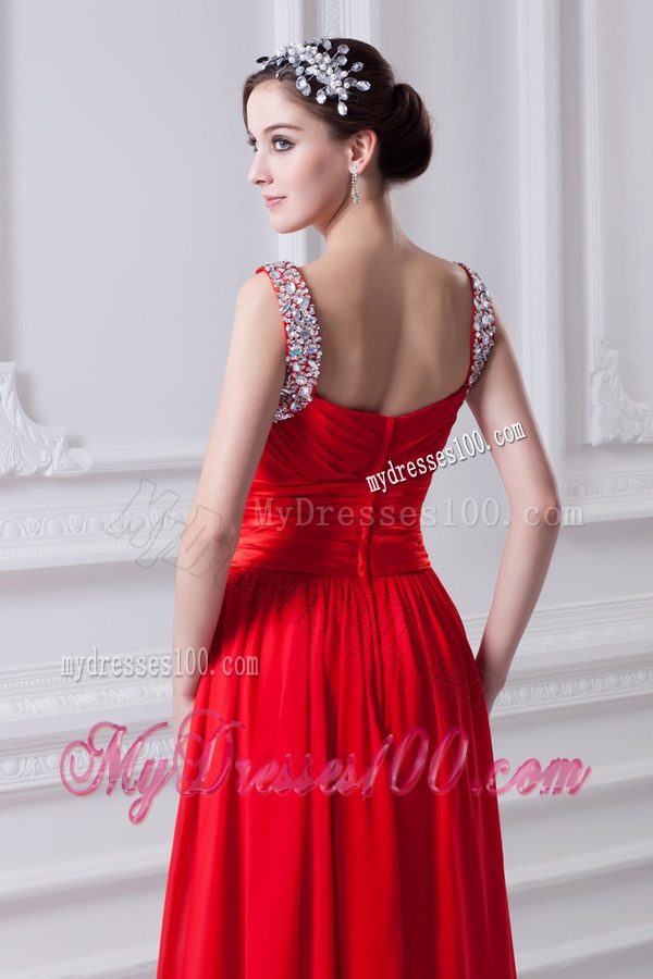 Empire Red Straps Chiffon Evening Dress with Beading and Bowknot
