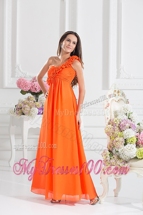Empire Ruching Hand Make Flowers Orange Red Evening Dress