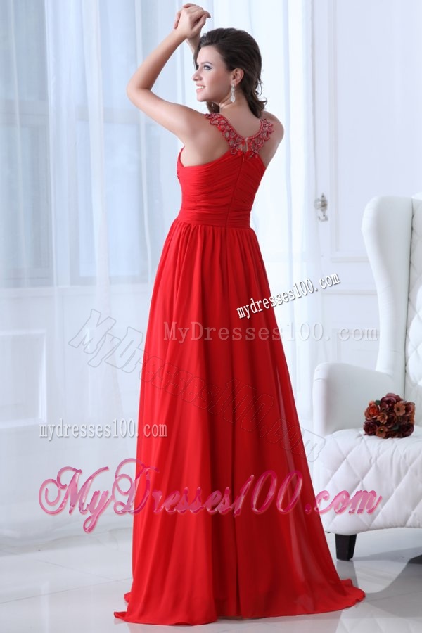 Empire Scoop Red Ruching and Beading Chiffon Evening Dress