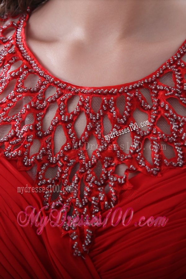 Empire Scoop Red Ruching and Beading Chiffon Evening Dress