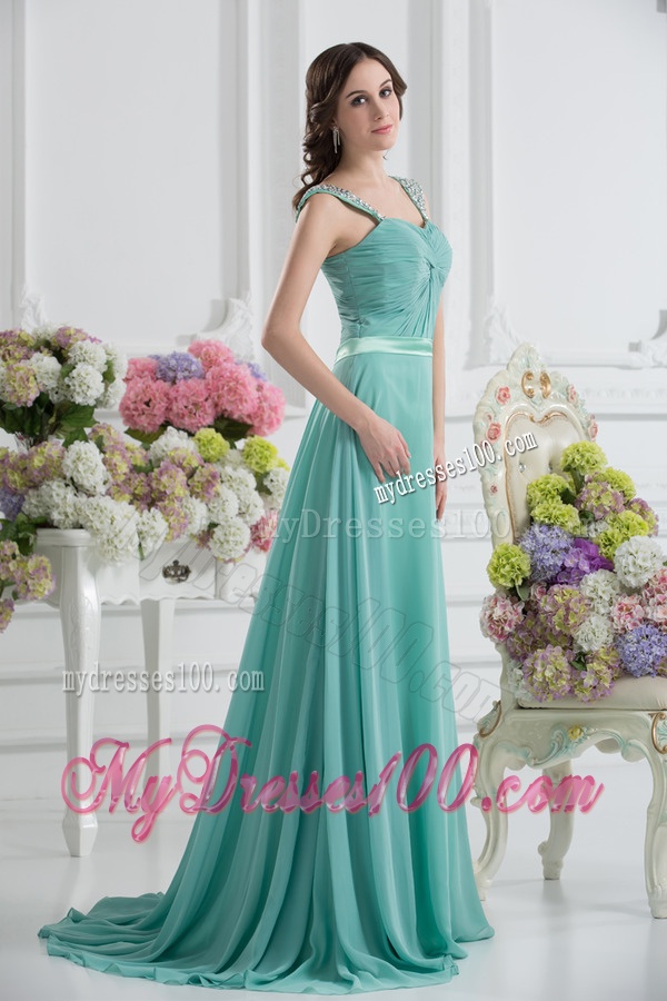 Empire Square Chiffon Beading Ruching Belt Mint Cream Evening Dress