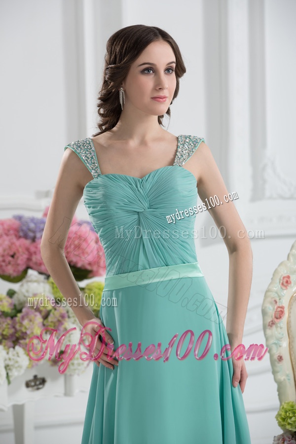 Empire Square Chiffon Beading Ruching Belt Mint Cream Evening Dress