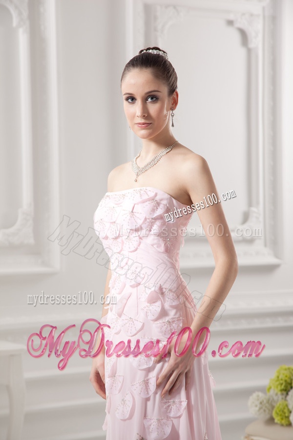 Empire Strapless Appliques Beading Chiffon Baby Pink Evening Dress