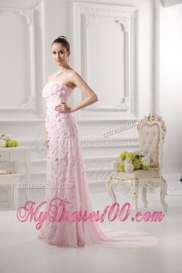 Empire Strapless Appliques Beading Chiffon Baby Pink Evening Dress