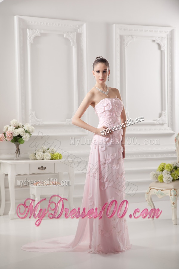 Empire Strapless Appliques Beading Chiffon Baby Pink Evening Dress