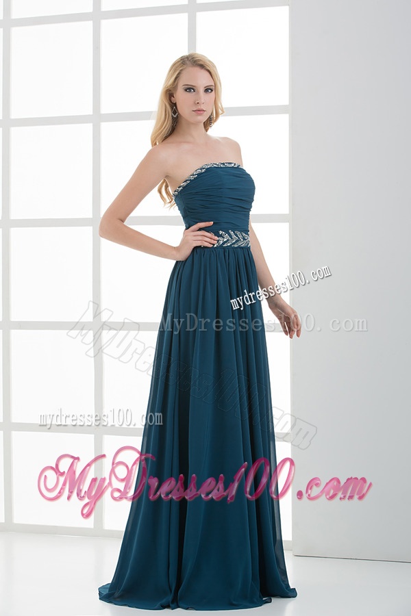 Empire Strapless Beading Blue Floor-length Chiffon Evening Dress