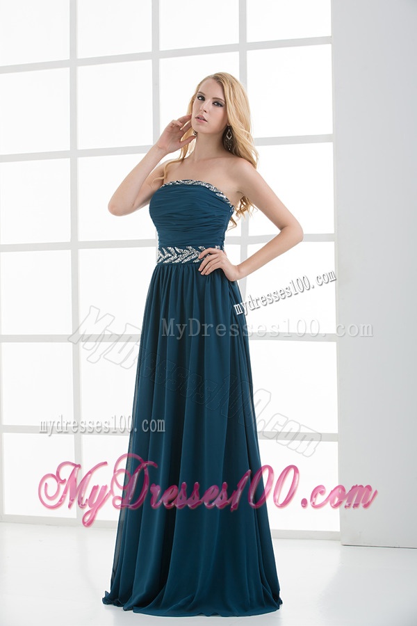 Empire Strapless Beading Blue Floor-length Chiffon Evening Dress