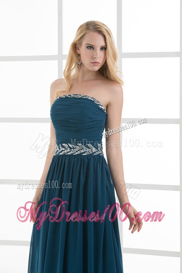 Empire Strapless Beading Blue Floor-length Chiffon Evening Dress