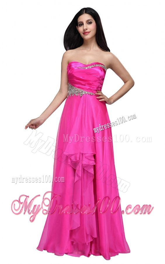 Empire Sweetheart Beading and Ruching Chiffon Hot Pink Evening Dress