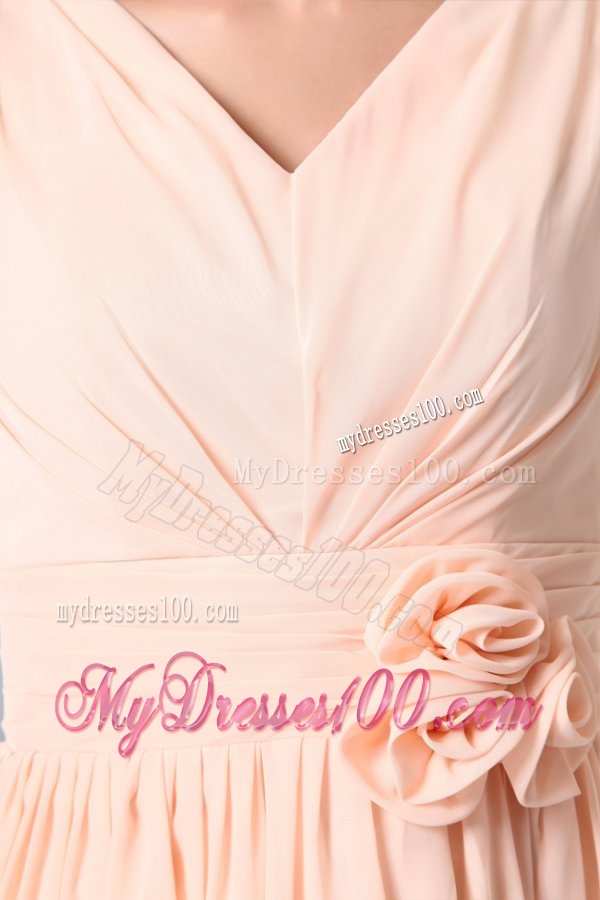 Empire V-neck Champagne Hand Made Flower and Ruching Short Evening Dress
