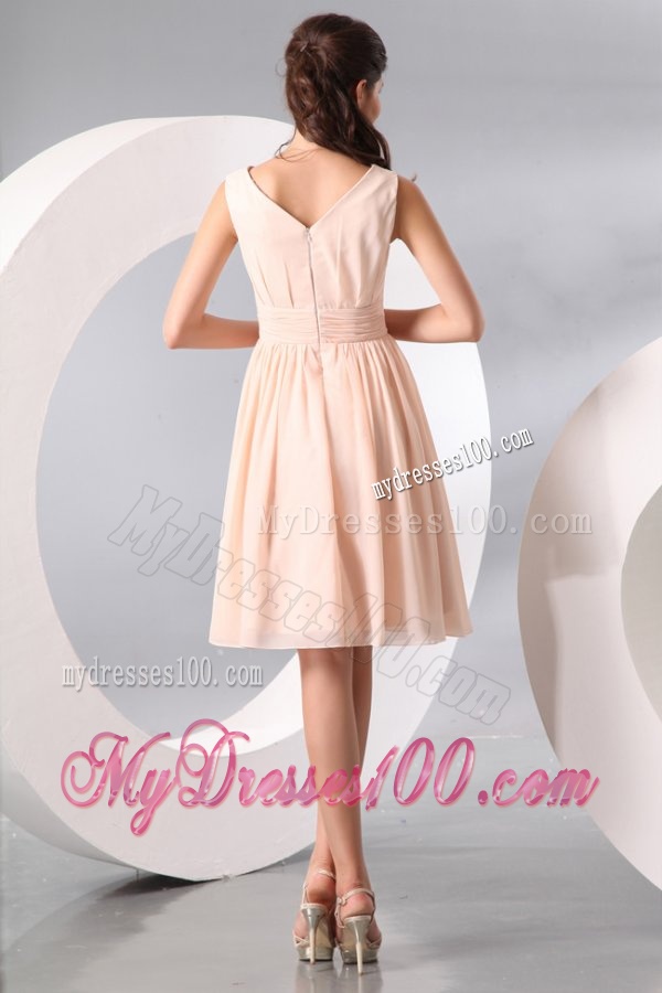 Empire V-neck Champagne Hand Made Flower and Ruching Short Evening Dress