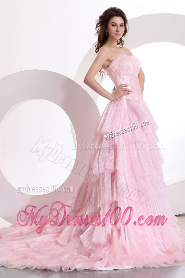 Exquisite A-line Sweetheart Court Train Ruching Pink Evening Dress