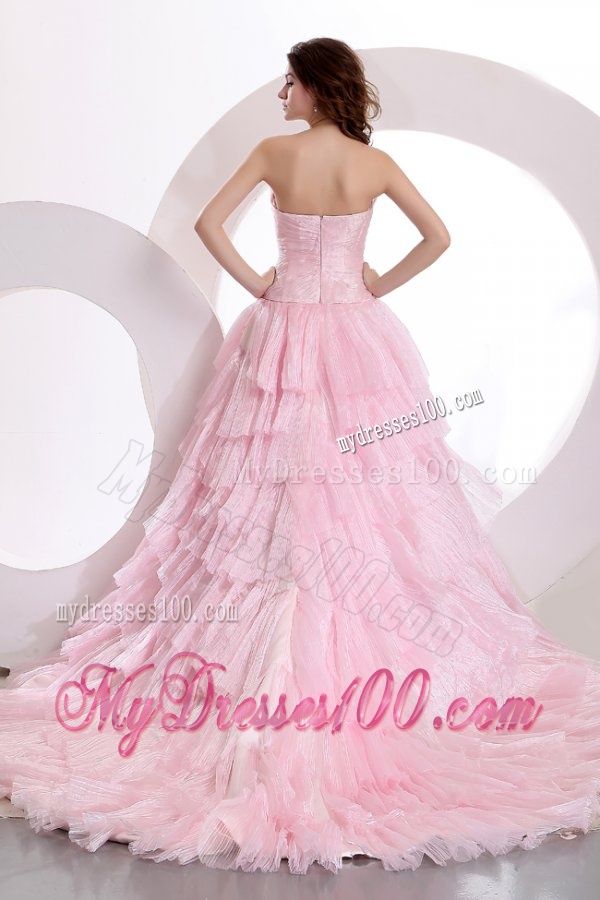 Exquisite A-line Sweetheart Court Train Ruching Pink Evening Dress