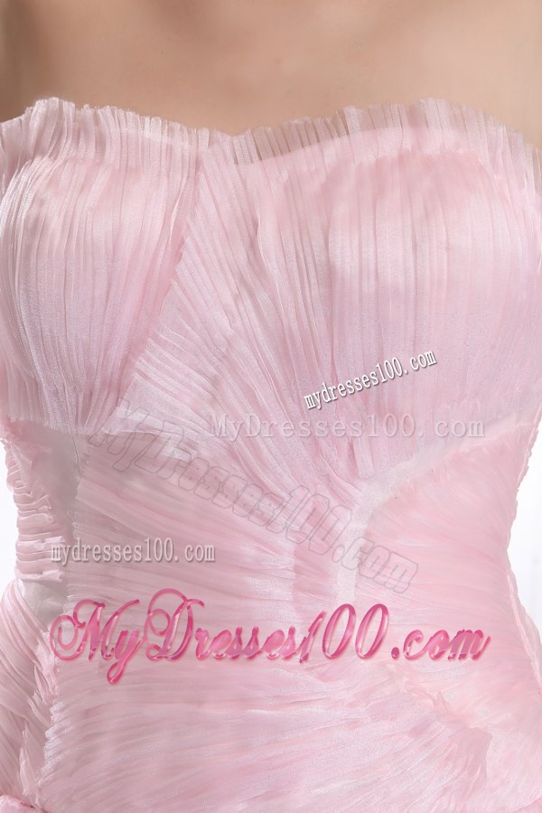 Exquisite A-line Sweetheart Court Train Ruching Pink Evening Dress