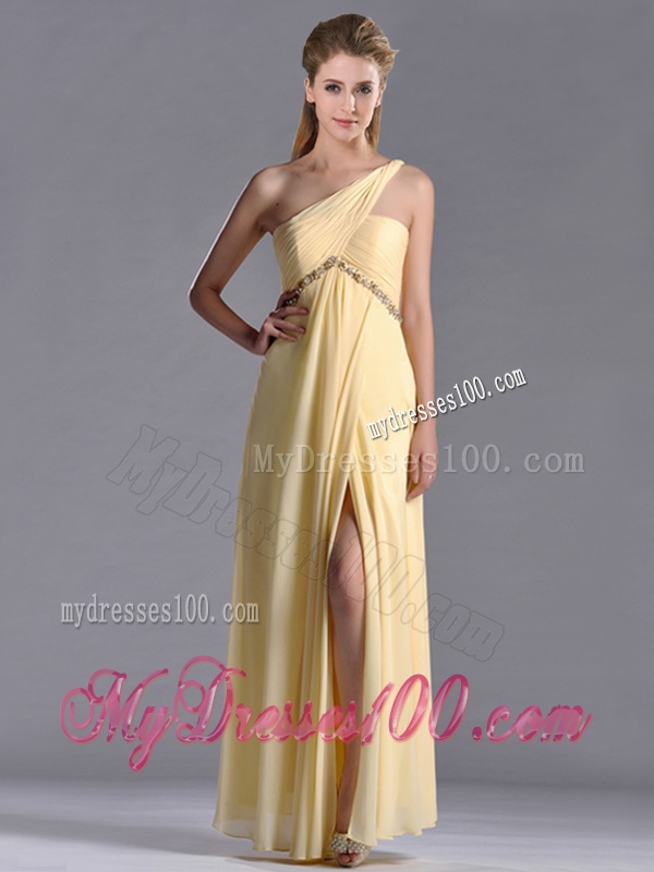 Exquisite One Shoulder Yellow Evening Dress with Beading and High Slit